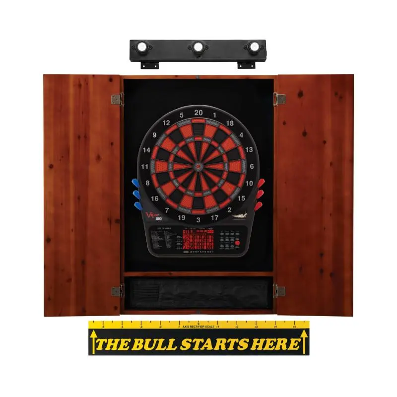Viper 800 Electronic Dartboard Bundle - 15.5” Target Face, 57 Games, 307 Scoring Options, Concave Segment Holes, Metropolitan Cinnamon Cabinet, Throw Line Marker, Shadow Buster Dartboard Light, Dartboards