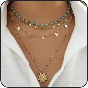 Bohemian necklaces for women, layered turquoise bead choker, Western style jewelry for women, sequin coin necklace, country style necklace, boho jewelry for women, necklaces