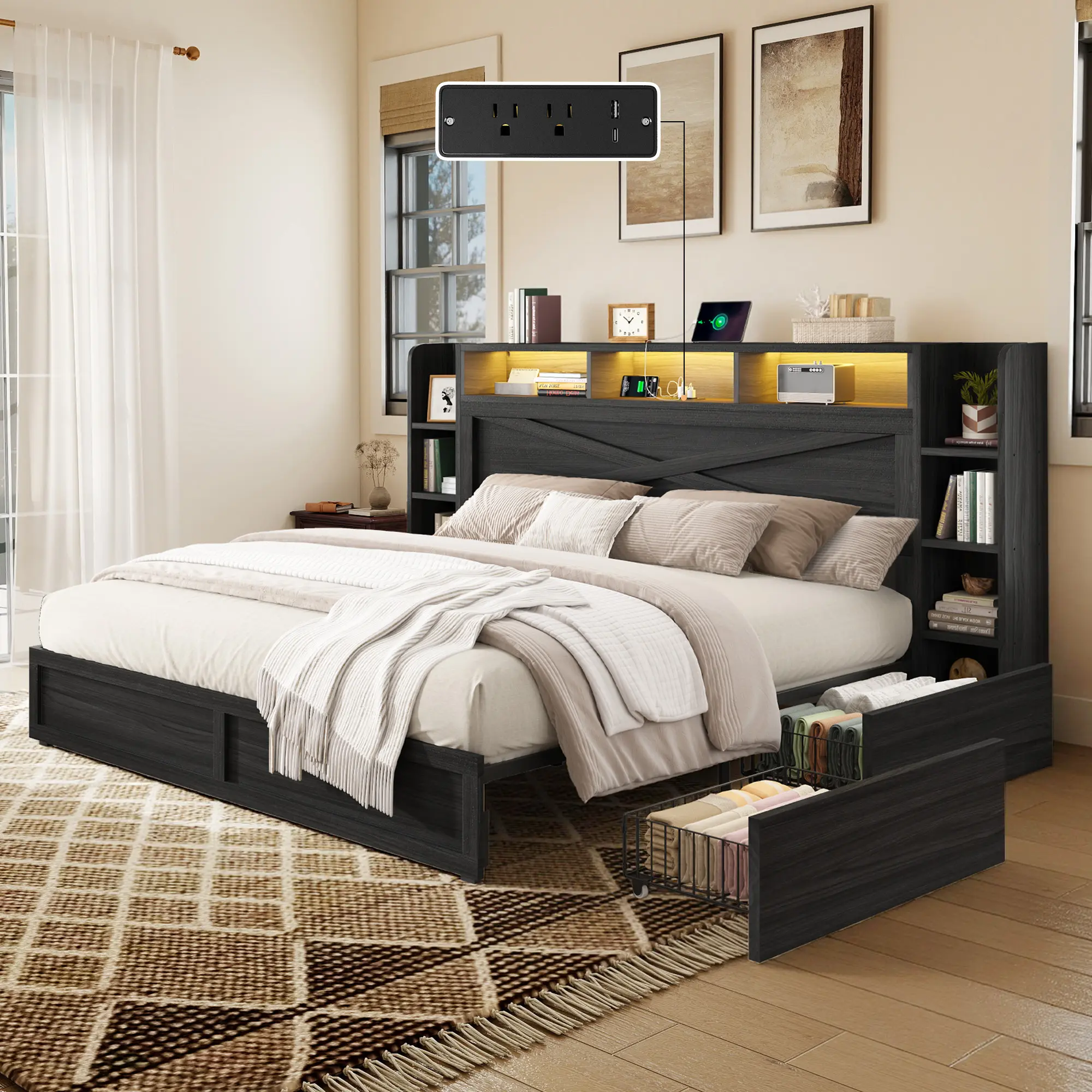 [Ships in 2 Boxes] [SummerSale] AMERLIFE 45" Farmhouse Bed Frame with Bookcase Headboard, LED Bed Frame with Side Shelves & Underbed Drawers, Wood Platform Bed with Charging Station