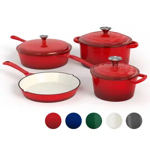 [Summer Vibes] Kitchen Academy Enamel Cast Iron 7 Piece Cookware Set, Dutch Oven Pot with Lid, Red Non Stick Pots and Pans set, Oven Safe up to 500°F Cooking Modern