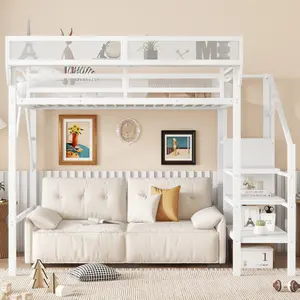 Twin XL Size Loft Bed Frame with Stairs and Storage, Metal Loft Bed Frame with A Shelf and Large Under-Bed Space, Heavy-Duty Loft Beds, White