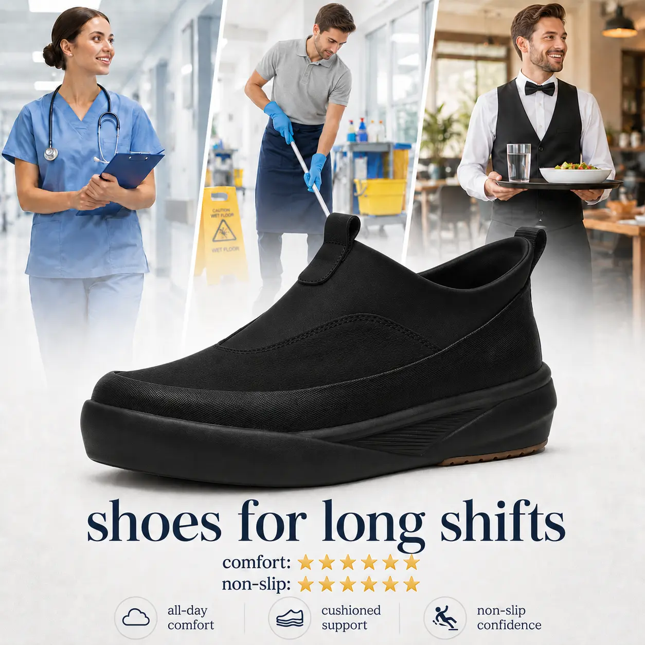 Hiwell Slip Resistant Work Shoes for Women and Men, Water-Resistant Slip-On Nursing Shoes with Supercritical Foam Midsole, Cushioned Healthcare Shoes for Long Shifts