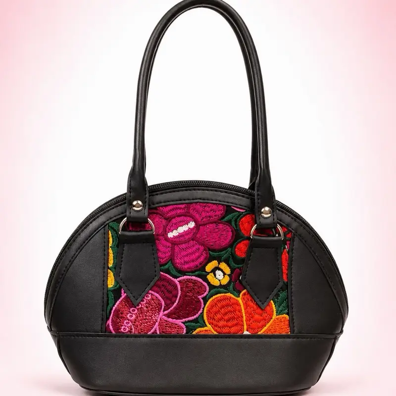 Bolsa vinipiel lunita bordada  - Mexican Embroidered Bag - Bolsa Bordada Chiapas 100% Handbag with Vibrant Floral Embroidery
