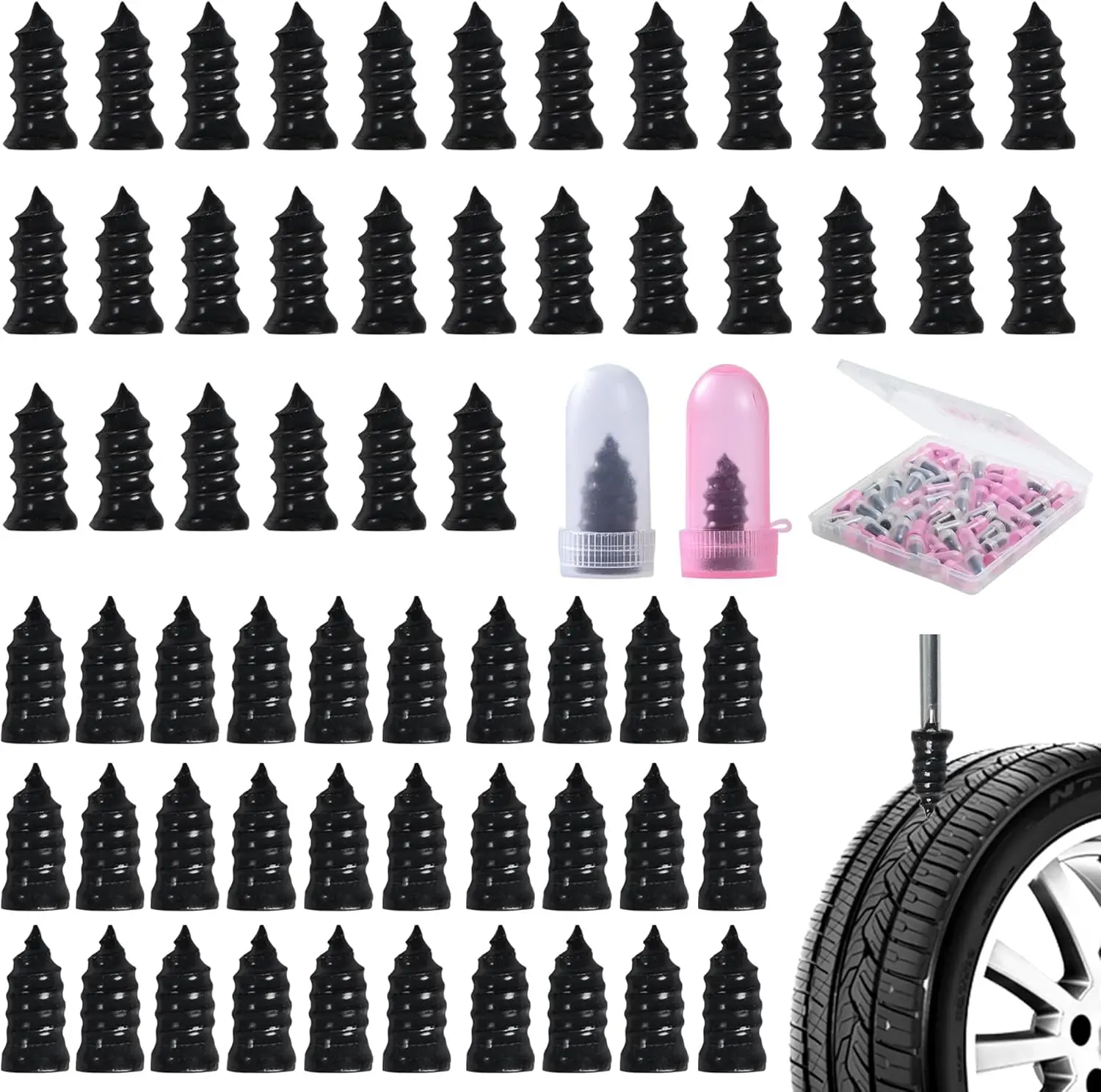 60 Pcs Tire Repair Screws, Tire Patch Kit, Screw in Tire Plugs,Quick Tool Tire Plugs, Self-Service Tire Repair Rubber Nail Kit for Patching Punctures in Vacuum Tires of Cars, Motorcycles (60)
