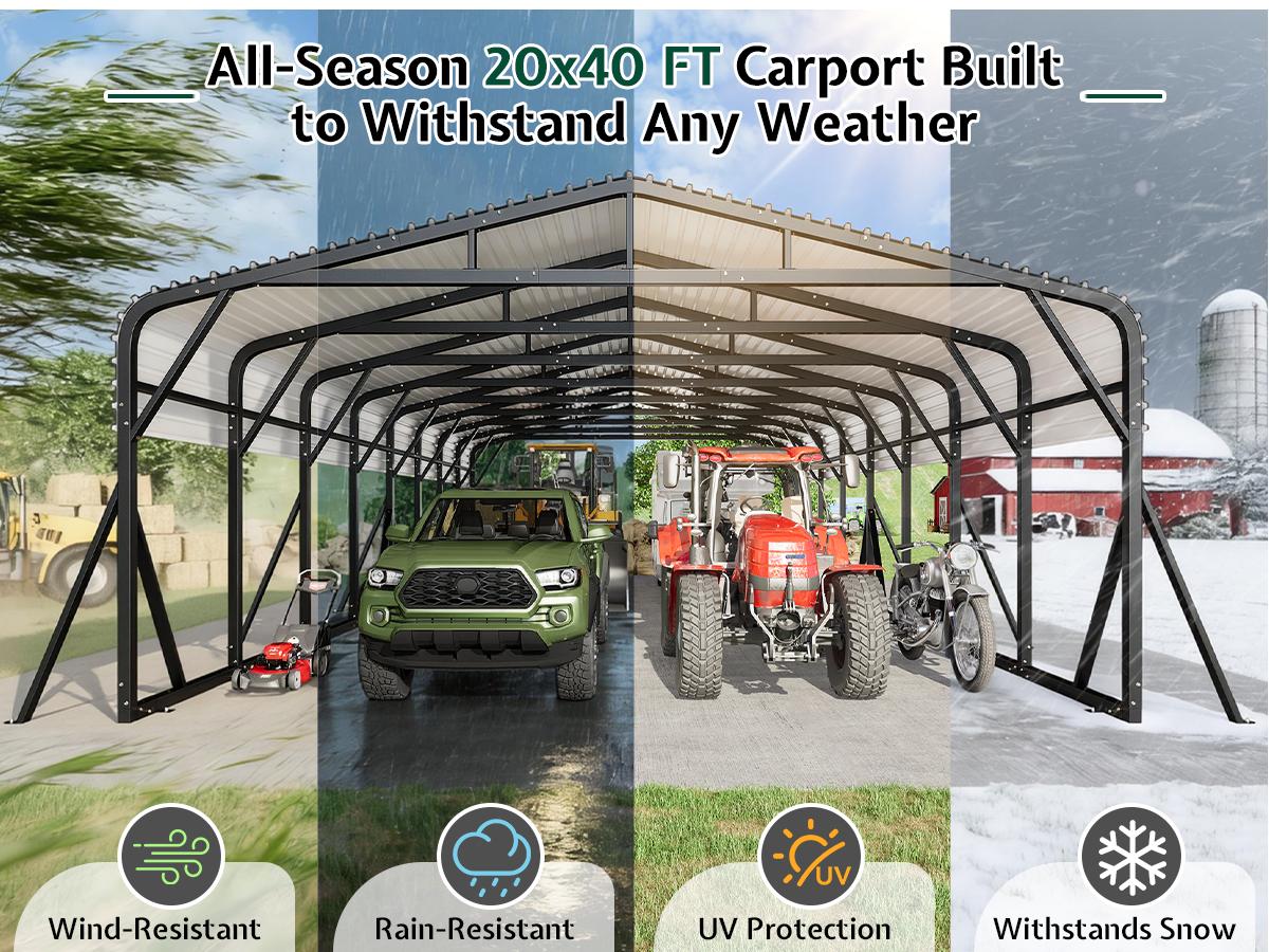 VanAcc 20x30 FT/20x40 FT Heavy Duty Metal Carport, All-Weather Steel Car Shelter with Galvanized Roof, Reinforced Frame and Enhanced Base for Outdoor Garage or Parking