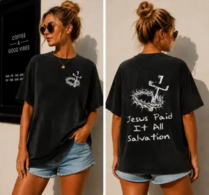 Vintage Washed Black 100% Cotton Double Sided Jesus Paid It All Crown Of Thorns Cross Salvation Christian Graphic T-Shirt, Minimal White Line Faith Print Oversize Crew Neck Short Sleeve Unisex Religious Casual Tee