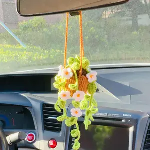 Handmade Crochet Car Hanging Plant, Cute Car Rearview Mirror Hanging Ornament, Car Interior Decoration Accessories for Women & Girls, Car Trinkets