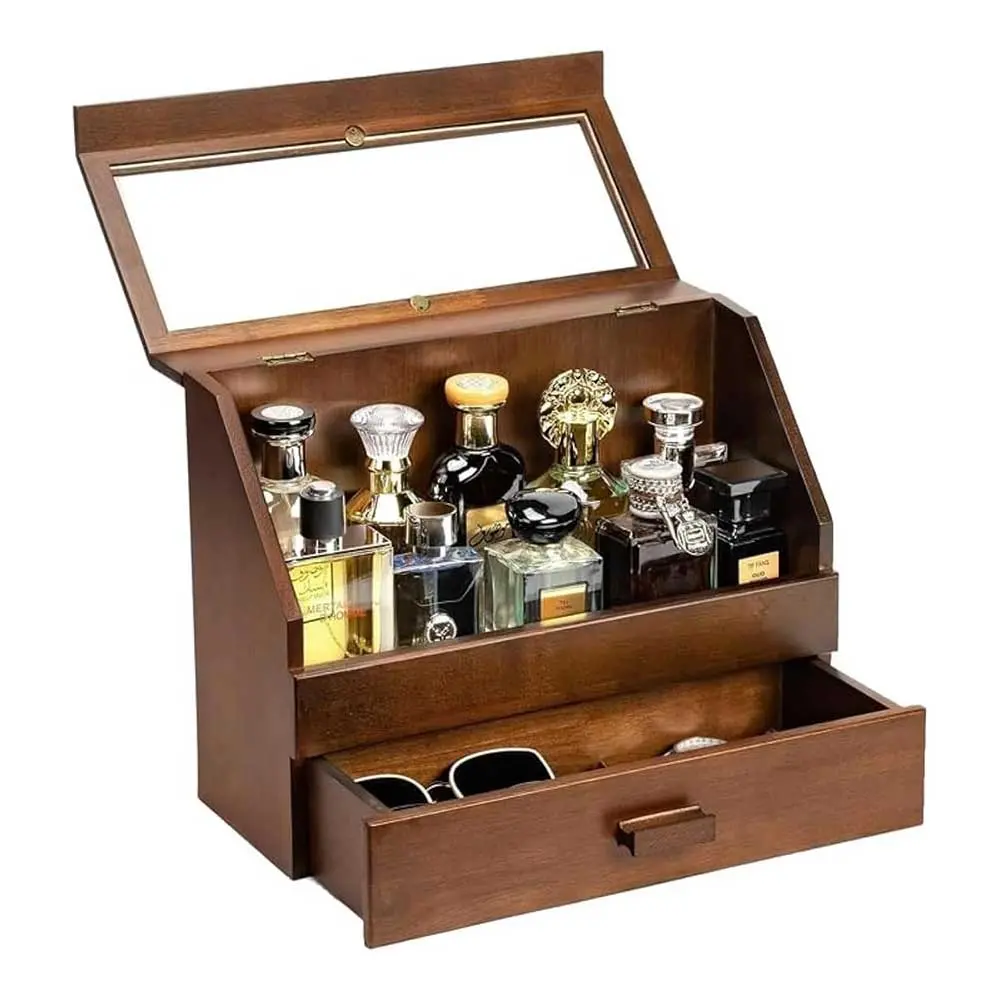 Cologne Organizer for Men, Wood Perfume Stand Organizer for Dresser, Dustproof Cologne Holder Display with Acrylic Panel and Drawer, Large Capacity Tabletop Storage Rack for Vanity Bedroom, Brown B, Rectangular