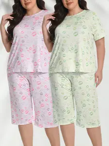 【Fashion Sale】LONAGIRL Plus Size Women's 2-Piece Pajama Set 1XL-5XL | Short Sleeve Top & Capri Pants, Kiss Print & Striped Red Loose Loungewear Nightwear Homewear | Flash Sale Fit White outdoorfun