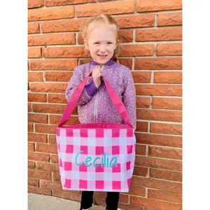Pink Check Basket With Name Embroidered