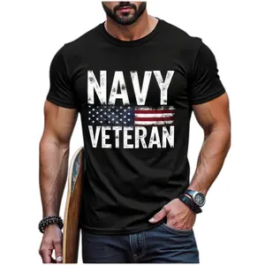 Men's Plus Size "NAVY VETERAN" T-Shirt - Black Cotton Knit, American Flag Graphic, Short Sleeve, Patriotic Casual Wear