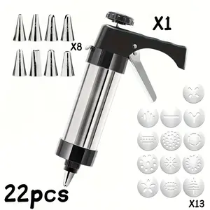 22pcs cookie press extruders, cream piping guns, bean melting piping nozzles, baking tools, including 13pcs decorative discs +8pcs piping nozzles +1pc press guns