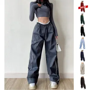 JovenPara Women's Parachute Wide Leg Pants Baggy Y2K Elastic Waist Wide Leg Track Sweatpants Casual Trousers with Side Pockets