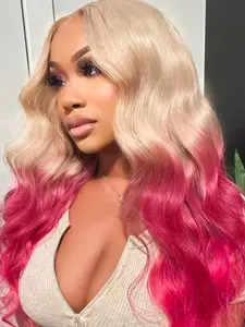 13x4 Ombre Pink Red Body Wave Lace Front Wigs 180 Density Pre Plucked Long Wavy Synthetic Wigs, Heat Resistant Fiber, Side Middle Part, 28 Inch Colored Wigs for Women Daily, Party, Cosplay Use, Holiday Valentine Halloween Style