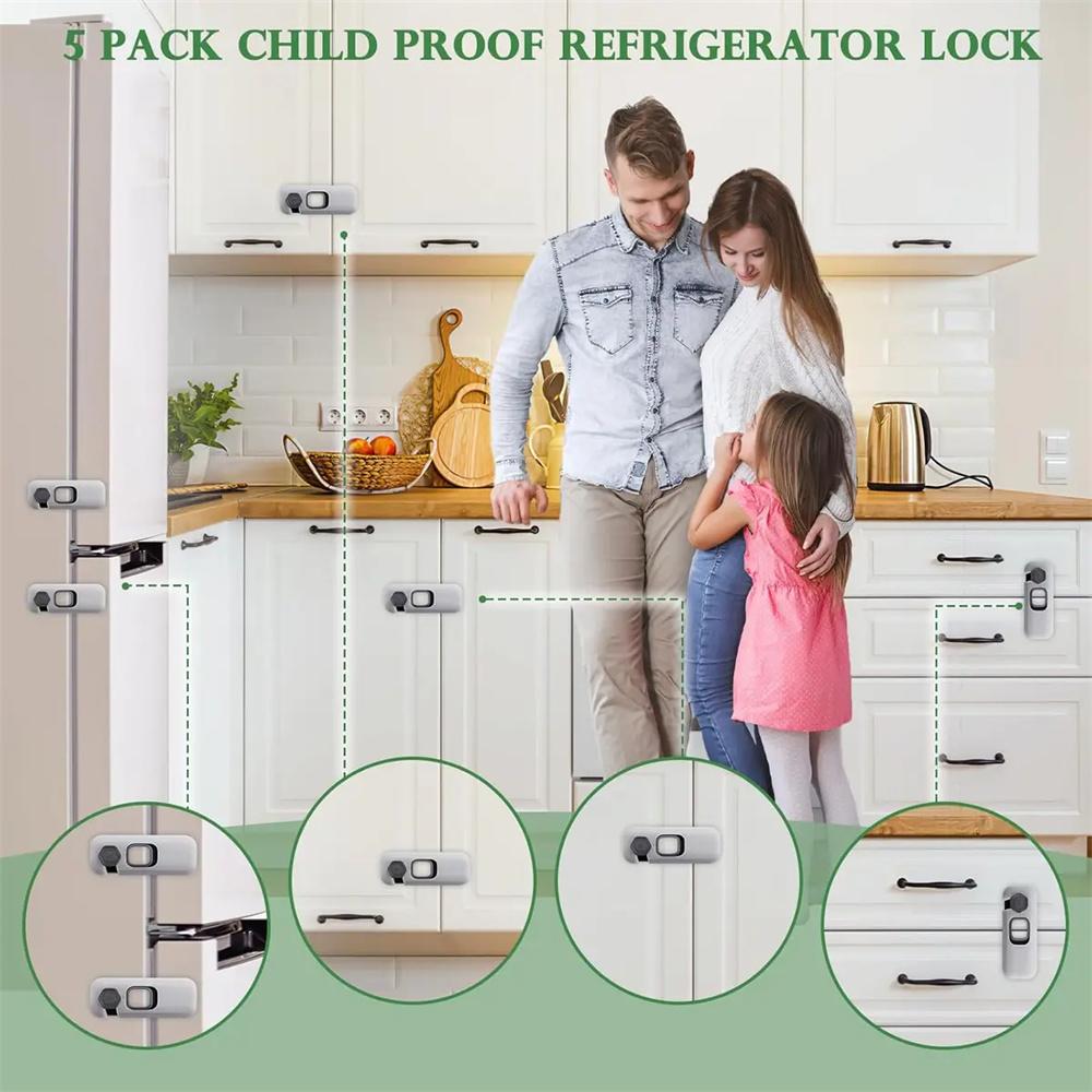 Upgraded 5-Pack Childproof Locks, refrigerator locks, cabinet locks, oven locks—safety locks for fridge, drawers, dishwasher, oven, cupboards, closets. Self-adhesive, no tools needed. Home essentials; prevents hands from getting caught.