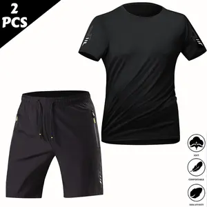 2-Pack Men’s Quick Dry Ice Silk Tracksuit, Loose Breathable T-Shirt & Shorts Set, Cooling Sweat-Wicking for Gym, Running, Outdoor & Home Casual