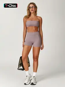 Women's Solid Crop Tube Top & High Waist Sports Shorts Sportswear Set, Gym Sets, High Stretch Comfy Breathable Backless Top & Tummy Control Skinny Shorts for Yoga Gym Workout Running, Sportswear for All Seasons, Workout Running Outfits, Gym Clothes