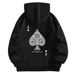 Men's casual trendy hoodie sweatshirt with dark gothic poker card print for fall winter comfortable moderate fabric