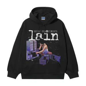 Lain "Organization" Heavyweight Vintage Hoodie Cotton Blend Classic Anime Sweatshirt Menswear Tops Pullover Long Sleeve Casual Biker Black Baggy Crewneck
