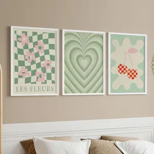 3pcs/set Cherry Chessboard Danish Pastel Wall Art, Bedroom Floral Canvas Poster, Waterproof Fabric Mural, Home Decor, No Frame