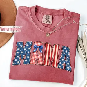Mama Patriotic Comfort Colors Shirt, Americana Mama Graphic Tee, Fourth of July Mom Shirt, USA Flag Patchwork T-Shirt, Coquette Patriotic Comfort Colors Tee, July 4th Gift for Moms