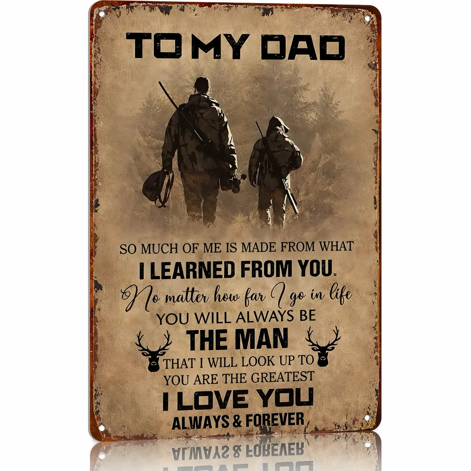 "To My Dad" Vintage Aluminium Metal Hanging Sign, 8x12 in Farmhouse Wall Plaque Decoration, Father-Son Hunter Themed Father's Day Gift for Living Room, Father's Day Gifts