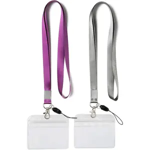 2 Pack Horizontal Clear ID Badge Holders with Office  Lanyards with Clip, Grey Lanyard with Heavy Duty id Holder,PVC Name Tag Card Holder, Resealable