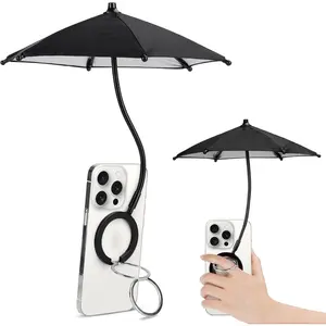 Magnetic Umbrella Phone Stand for Sun Protection,Adjustable Sun Shade Shield for iPhone 16/15/14/13/12 Pro Max,Samsung & Google,Detachable Ring Stand,Heat-Resistant Design,Car Mount Compatible, Black
