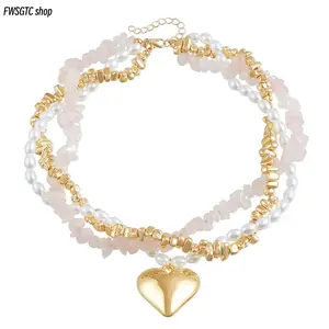 Women's Trendy Baroque Pearl Layered Necklaces, designed with natural stone beaded choker and love pendant. Elegant light luxury collarbone chain, a gorgeous fashion accessory for parties and weddings with lovely summer vibes.