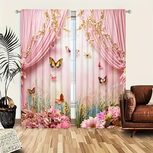 2 pieces of pink dreamy rose and butterfly curtains - beautiful window decorations suitable for bedrooms, offices, kitchens, living rooms, study rooms, and home decor - easy to install, durable, and a must-have for room decoration (pole free)
