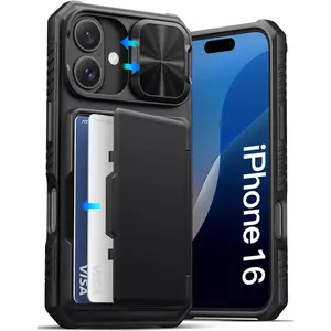 for iPhone 16 Case with Card Holder (Store 3-5 Cards) [RFID Blocking] & Slide Camera Cover, Military Grade Protection, Rugged Silicone Wallet Case for iPhone 16 6.1" 2024, Black