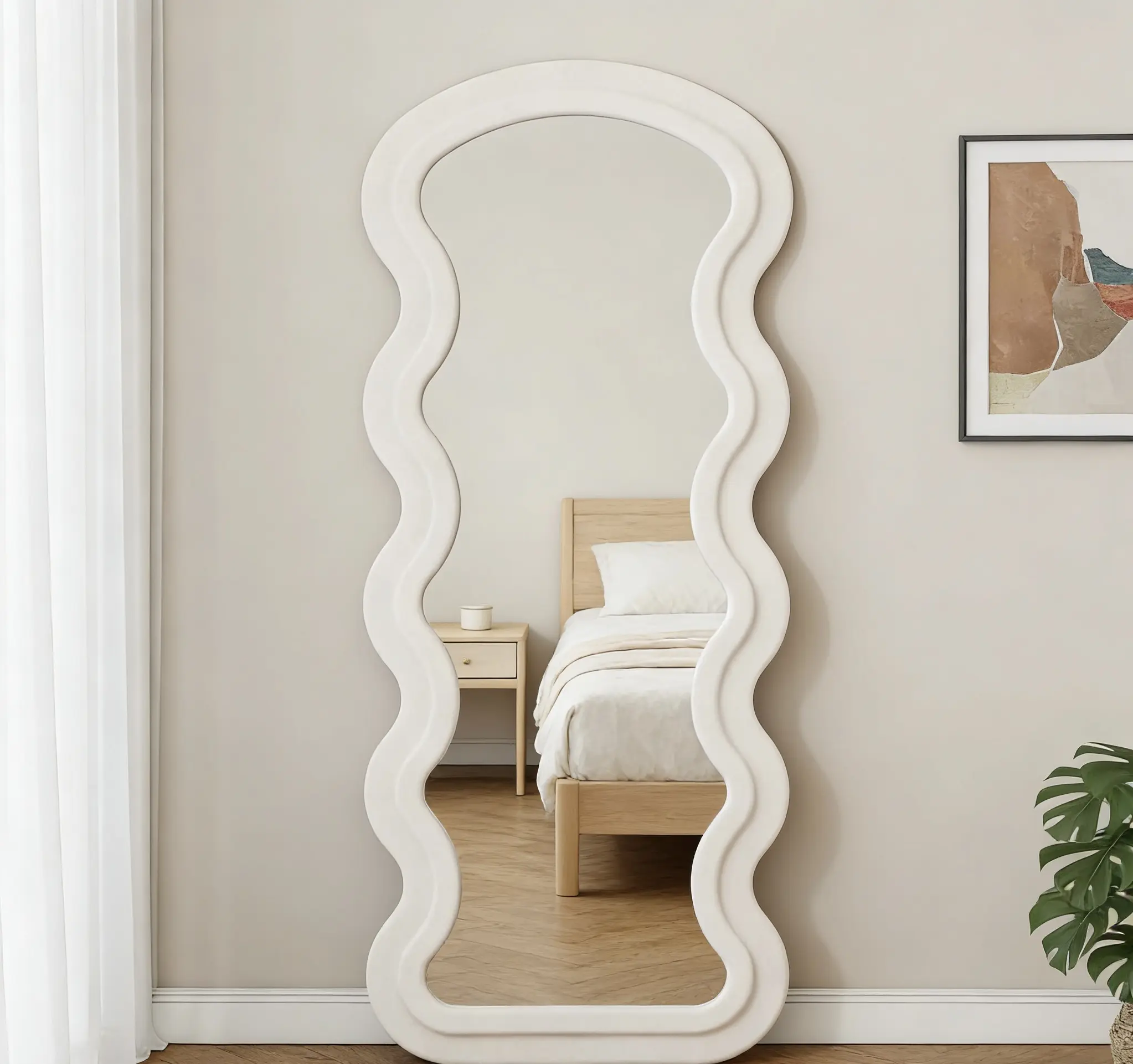 White Full Length Floor Mirror with Stand, Wall-Mountable Standing Mirror, Durable Artistic Wavy Shape, Comfortable Fabric Touch, Ideal for Bedroom Home Decor, Wedding or Christmas Gift