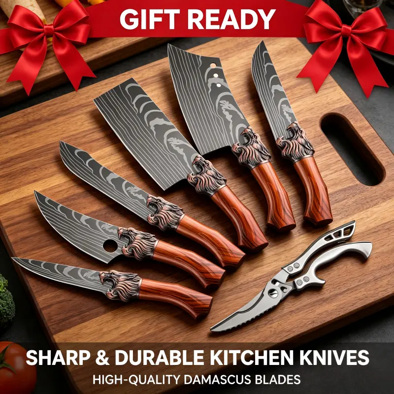 Professional 6-Piece/7-Piece Stainless Steel Kitchen Knife Set - Laser Pattern Blades, Bone Removal, Slicing, Carving, Fish, Butcher Knives, Scissors - Super Sharp, Chef-Favored Holiday Gift