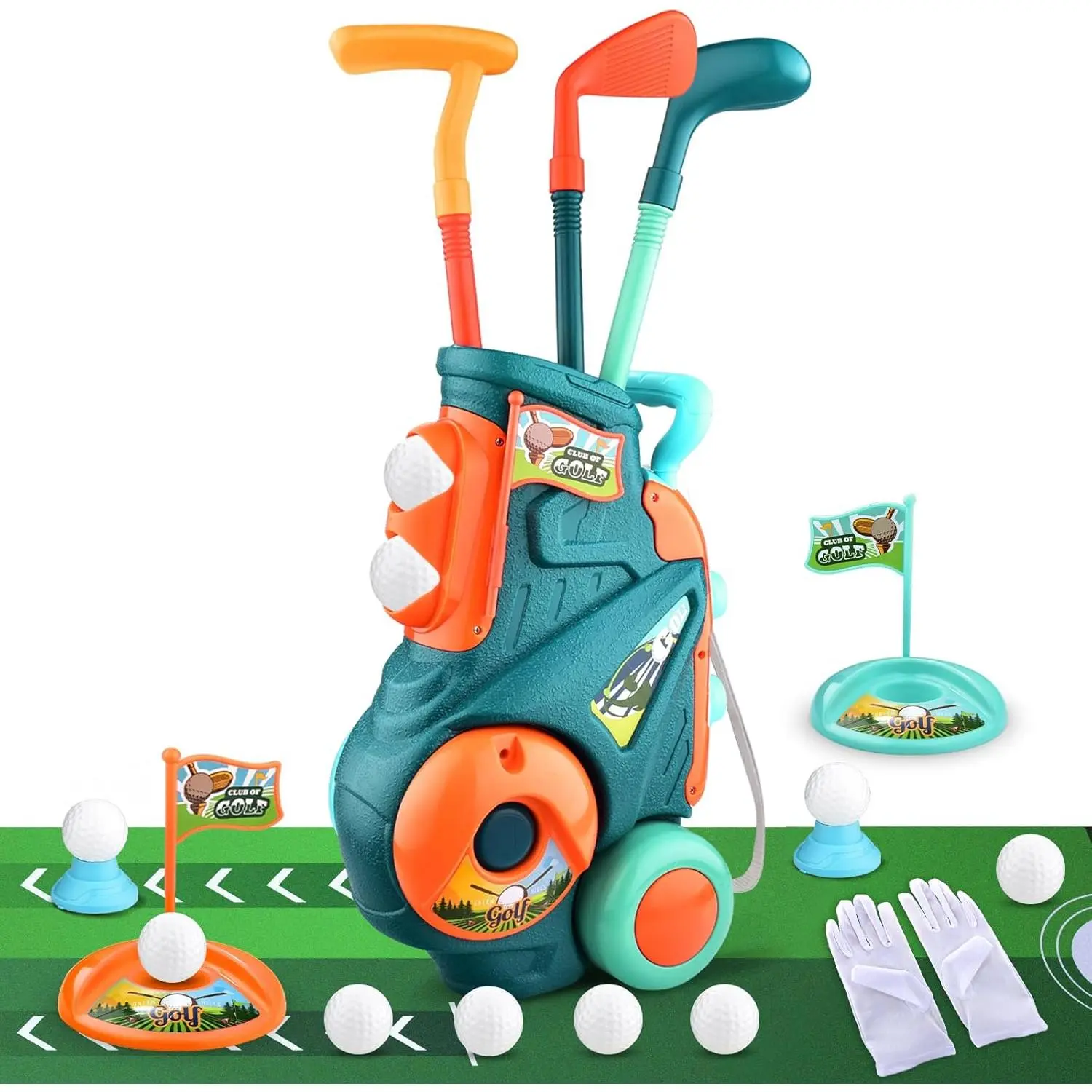 Toddler Golf Set for 3-5+ Years with Putting Mat, Upgraded Kids Golf Cart w/Shoulder Strap, Glove, Plastic Clubs, 10 Balls - Children Development Outdoor Toy for Playful & Toy Ball Games, Birthday Gift
