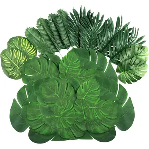 50 count 7 Kinds Artificial Tropical Leaf Jungle Leaves  Safari Leaves Decorations  Palm Leaf with Stems for Hawaiian Luau Party Table Beach Birthday Wedding Theme Party Decorations