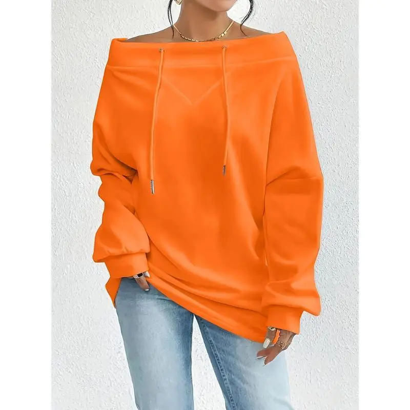 Women's Plus Size Off-Shoulder Longsleeve Sweatshirt - Basic Solid Color Drawstring Pullover Hoodie, Micro Elastic Comfortable Fit Casual Polyester Blend Sports Top, Ideal for Spring, Autumn
