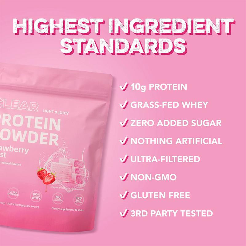 Clear Protein Powder: Strawberry Burst 10g Ultra Filtered Natural Flavor Grass Fed Whey Isolate Fast Absorbing Muscle Growth Recovery 20 Packets