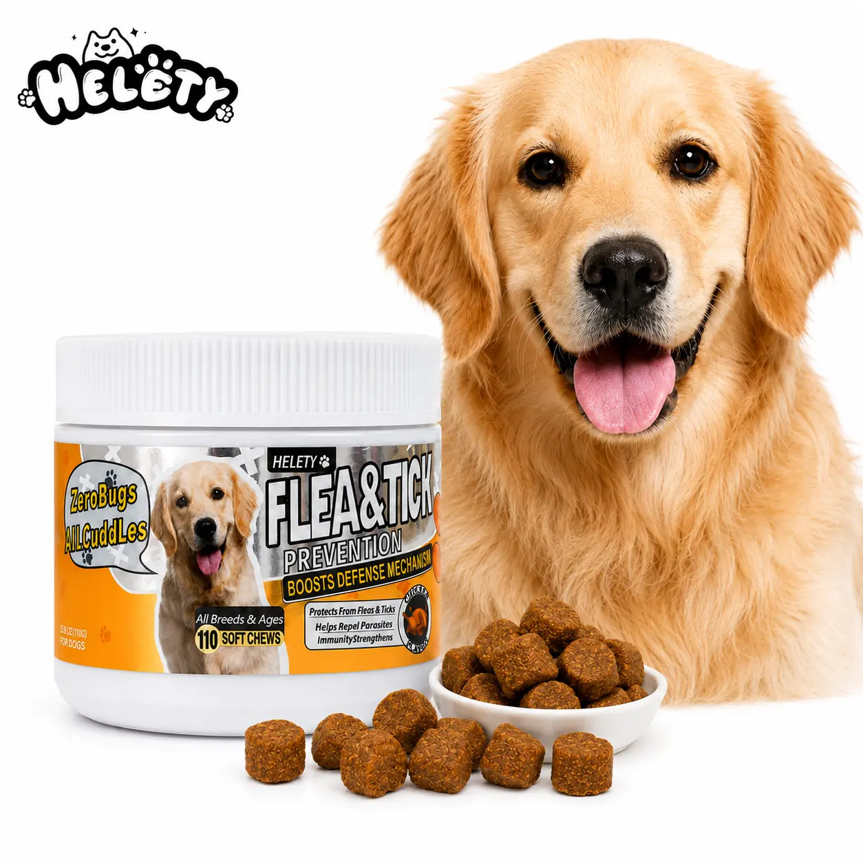 HELETY Dog Flea & Tick  Tasty Chicken Chews - 110 Jar Pack Daily Multivitamin for All Breeds, Ages & Sizes, Skin & Healthy Coat Wellness, Natural Hip & Joint Mobility, Immune  (Small Cat Compatible) overall allergy health pet seasonal itch relief petit ch