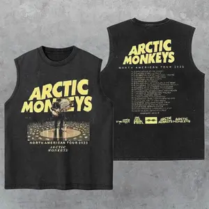 Arctic Monkeys Graphic Washed Tank Top, Retro Rock Band Appreal, Gym Essential, Vintage Casual Crewneck Short Sleeves Menswear T-shirts Classic Cotton Fabric Streetwear