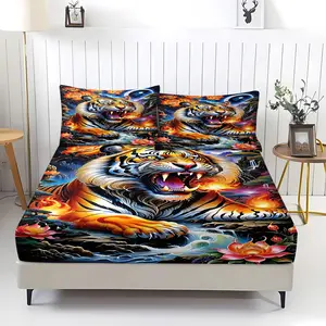 3pcs Tiger Printed Fitted Sheet Set, Wild Animal Element Bedding Set (Including 1 Bed Sheet, 2 Pillowcases, Without Padding), Very Suitable for Animal Lovers To Decorate Bedrooms, Dormitories, and Themed Hotels