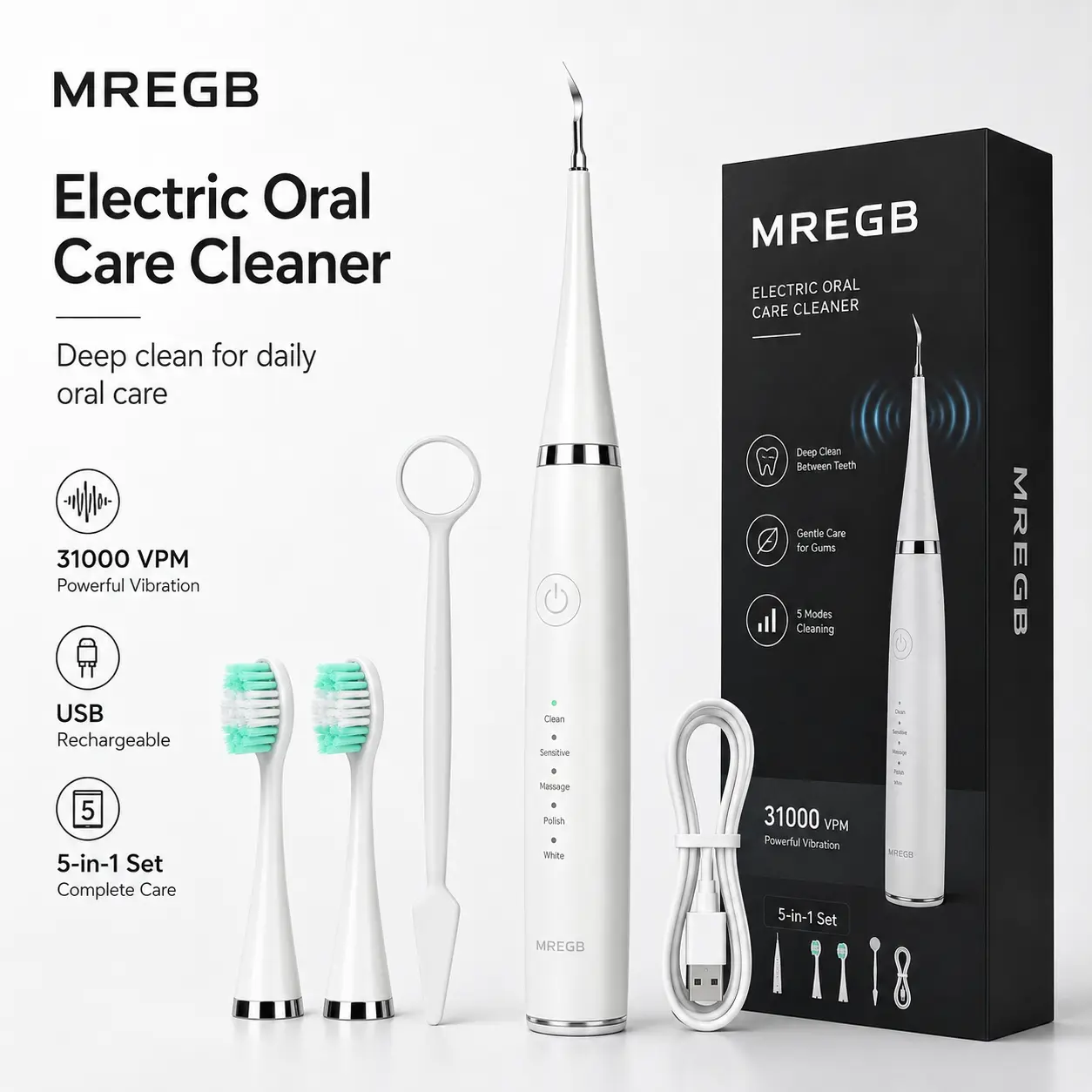 MREGB 2-in-1 Sonic Tooth Cleaner & Electric Toothbrush Oral Care Kit, Plaque Remover for Teeth Cleaning, 5 Cleaning Modes, IPX7 Waterproof, Replaceable Brush Heads, Type-C Rechargeable Dental Care