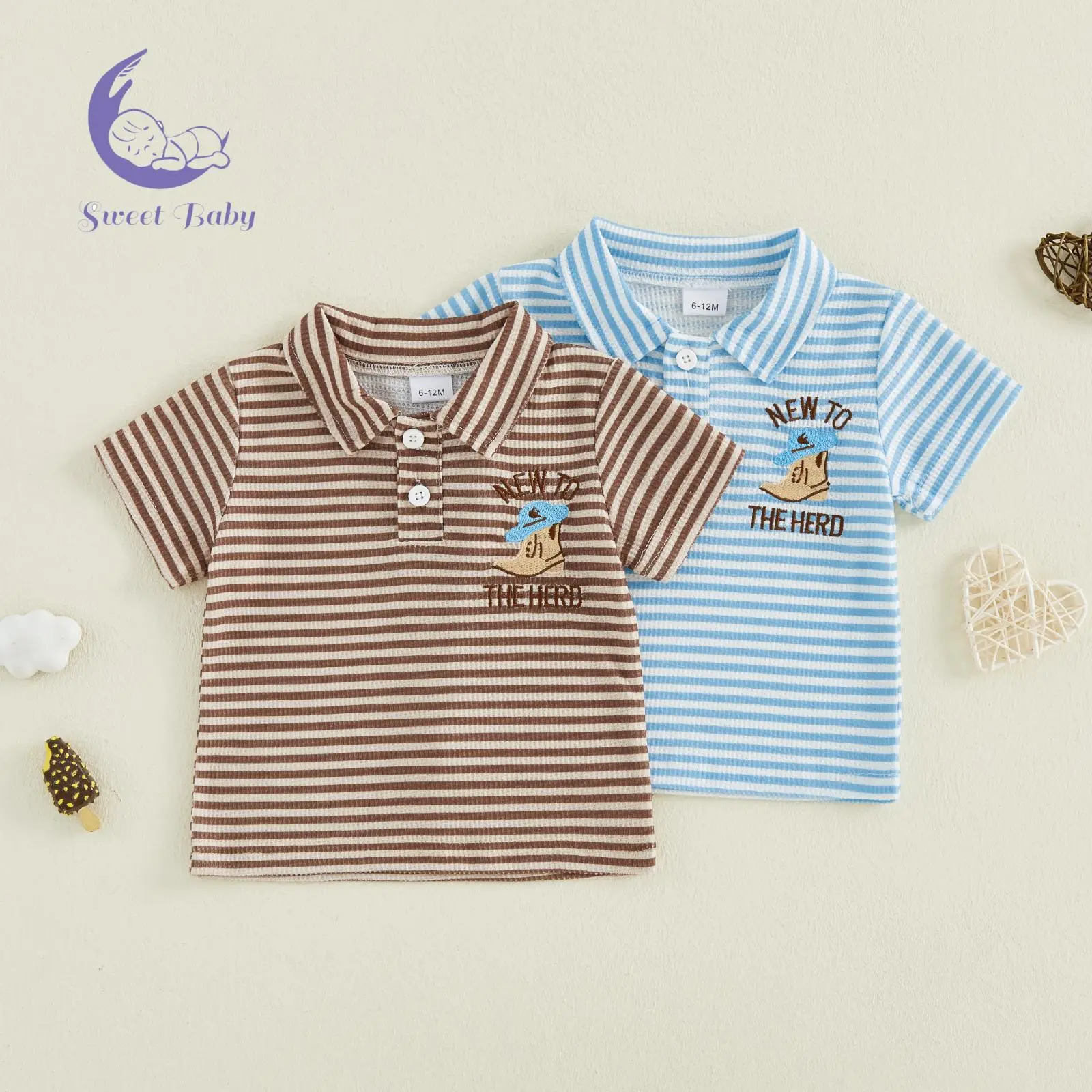 Baby Boys' Cotton Blend Shirt - Turn-Down Collar, Short-Sleeve, Striped, Embroidered Summer Casual Daily Tops