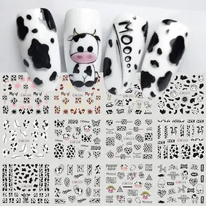 Nail Art Stickers, 12 Sheets Cute Milk Cartoon Water Transfer Nail Decals Nail Stickers with Assorted Patterns Milk Cow Animal Leopard Heart Design DIY Nail Art Decoration