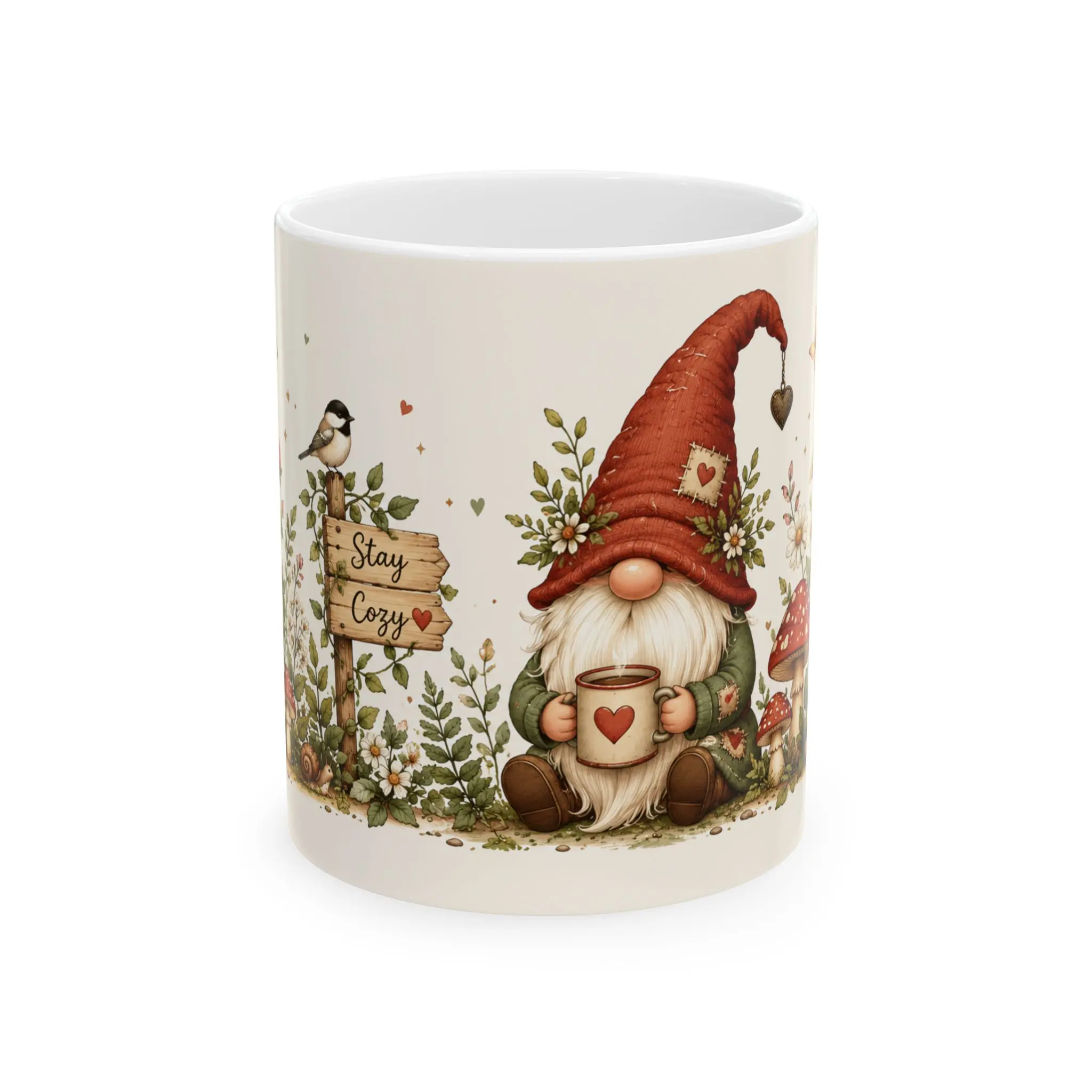 Cozy Gnome Ceramic Mug - 11oz Glossy Classic Cylindrical Form Coffee Cup with Handle, Stay Cozy Print