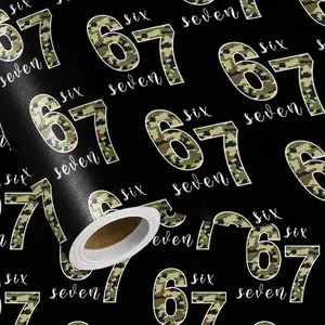 67 Meme Camo Wrapping Paper Roll, Army Camouflage  Birthday Six Seven  Wrap for  Teens Boys Men Parties Celebrations, Mini Roll 17 in x 16.4 Ft