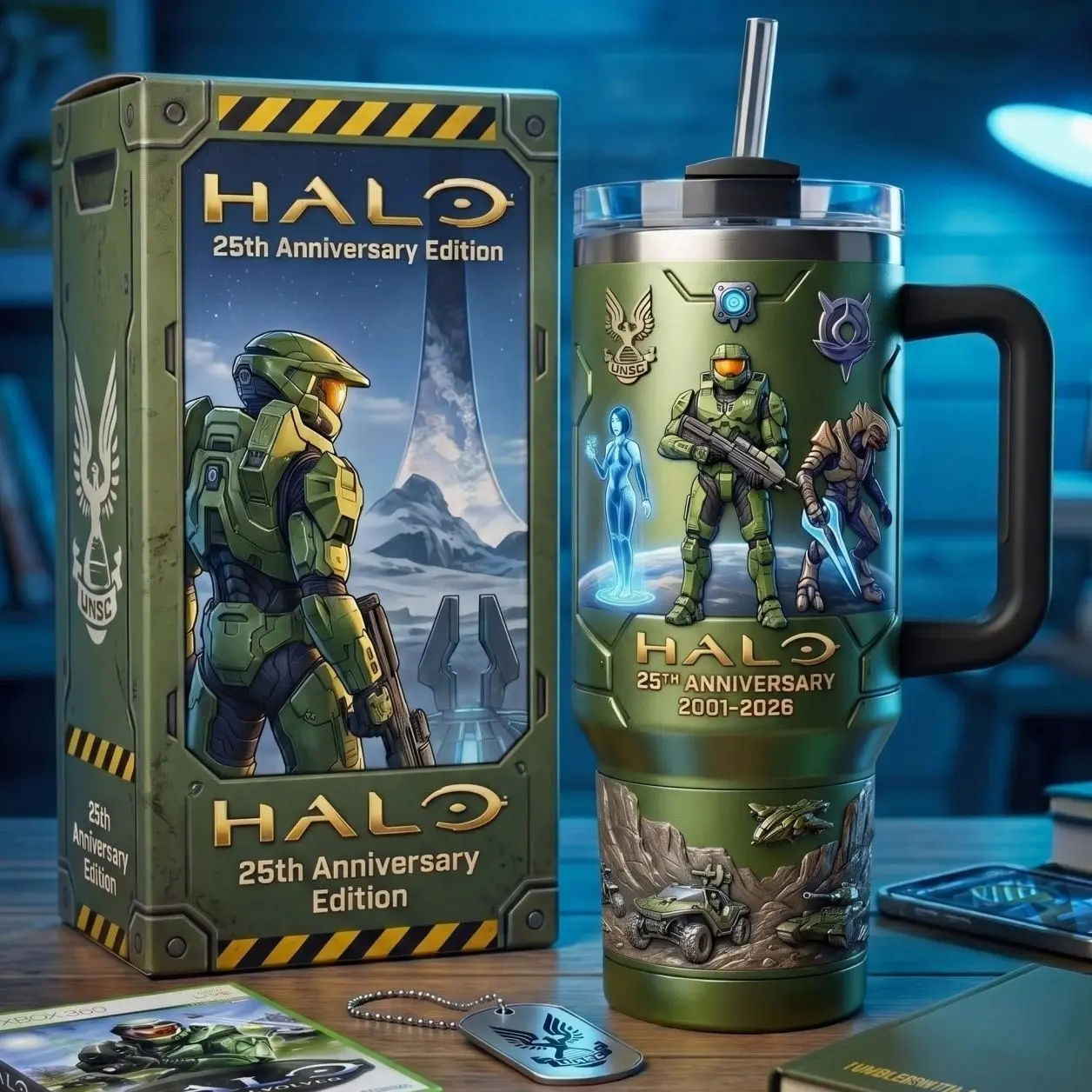 Halo 25th Anniversary Tumbler with Handle, Master Chief 40oz Insulated Travel Mug, UNSC Cortana Arbiter Game Timeline Design, Sci-Fi Gaming Merchandise, Stainless Steel Coffee Cup, Retro Video Game Collectible Birthday Gift for Men Gamers