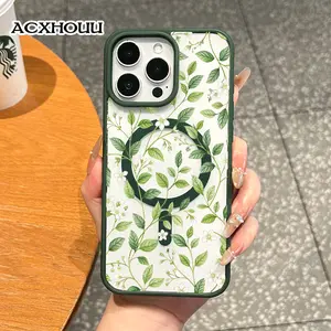 Magnetic Silicone TPU Smartphone Protective Case, Aesthetic Green Leaves & White Flowers Design, Shockproof, Lightweight, Scratch-Resistant, Waterproof, Enhanced Resistance, Fits iPhone 17-16 Pro Max, 15 Plus, 14-13-12-11-XS-XR, Girly Cellphone Accessory