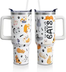 Funny Cat 40oz Tumbler with Lid and Straw,Life Is Better With Cats Insulated Cup Gifts, Cat Lover Water Bottle Gifts for Women Men (1PC)