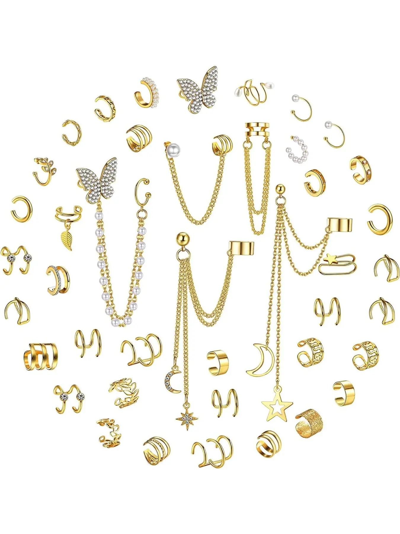 Pack of 42 Ear Cuff Wrap Earrings for Women, Chain Earrings, Helix Cartilage Clip-On, Dangle Earring Set, Fashion Jewelry Accessories, Trendy Fashionable Accessories, Trendy Jewellery Accessories