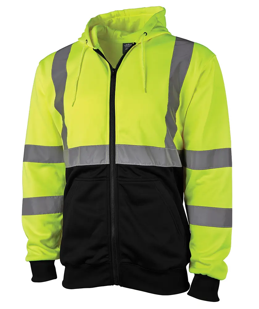 Charles River Apparel Men's Fitted High-Vis Full-Zip Long Sleeve Fleece Hoodie - 100% Polyester Color Block Workwear, Rib Accents, Reflective Kangaroo Pocket, Drawstrings, All-Seasons Construction Safety Wear, Refer to Size Chart